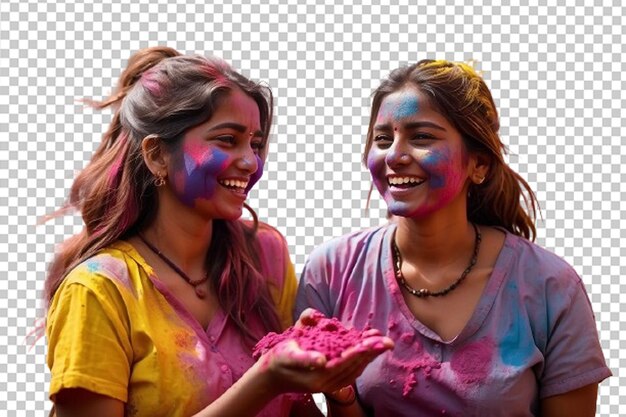 PSD dos mujeres jóvenes jugando y disfrutando con polvo colorido