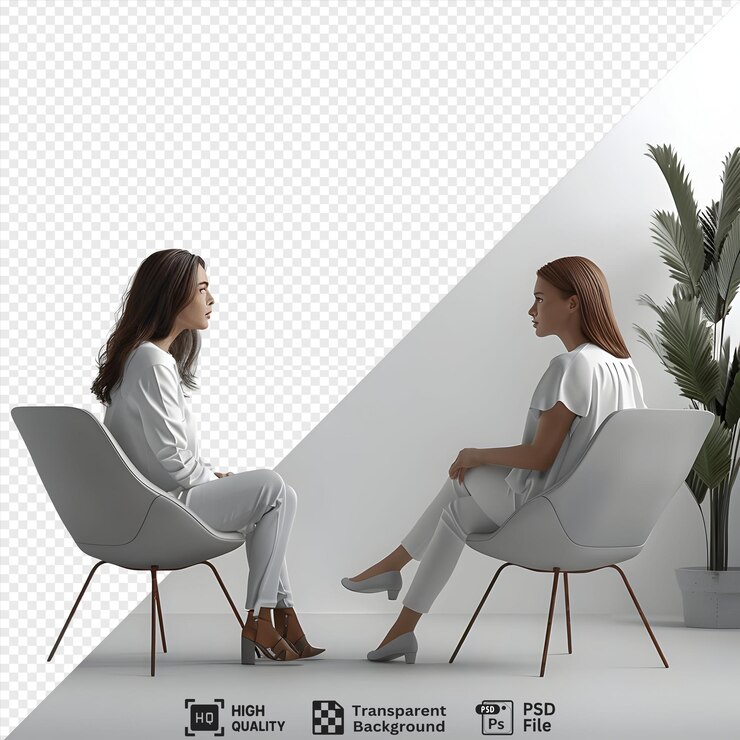 Dos mujeres sentadas en sillas enfrentadas en una habitación minimalista con una planta en el fondo aislada en un fondo transparente