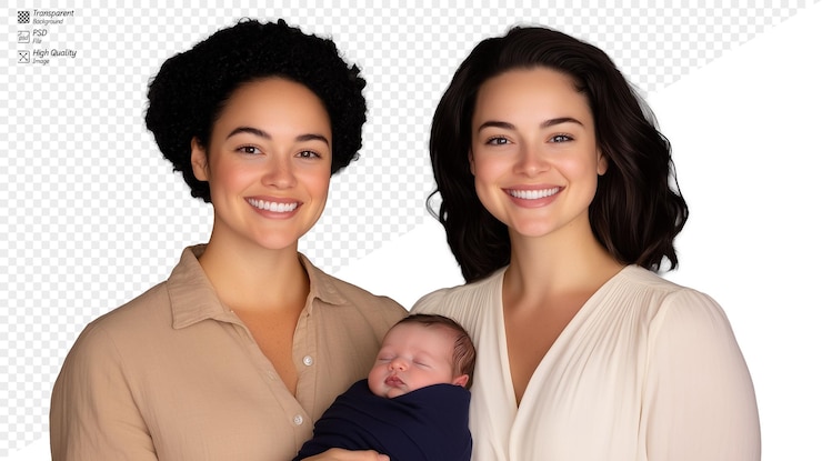 PSD dos mujeres sonriendo con un bebé recién nacido en un fondo transparente