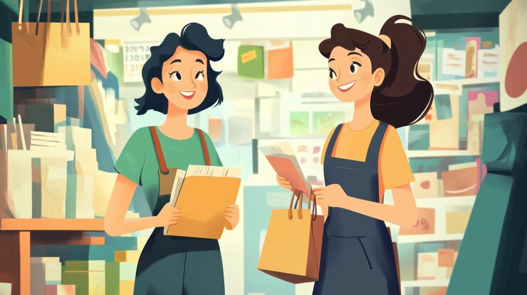 PSD dos mujeres sonrientes buscan y compran papelería y libros en una tienda brillante