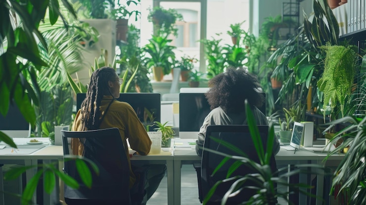 PSD dos mujeres trabajando en computadoras en una exuberante oficina llena de plantas
