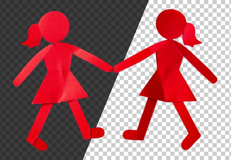 PSD dos muñecas de papel rojo que se toman de la mano cortadas de stock png