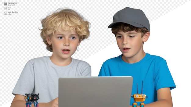 Dos niños comprometidos con una computadora portátil y juguetes en un fondo transparente