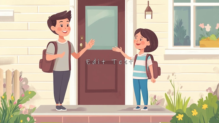 PSD dos niños felices se encuentran en la puerta de una casa antes o después de la escuela
