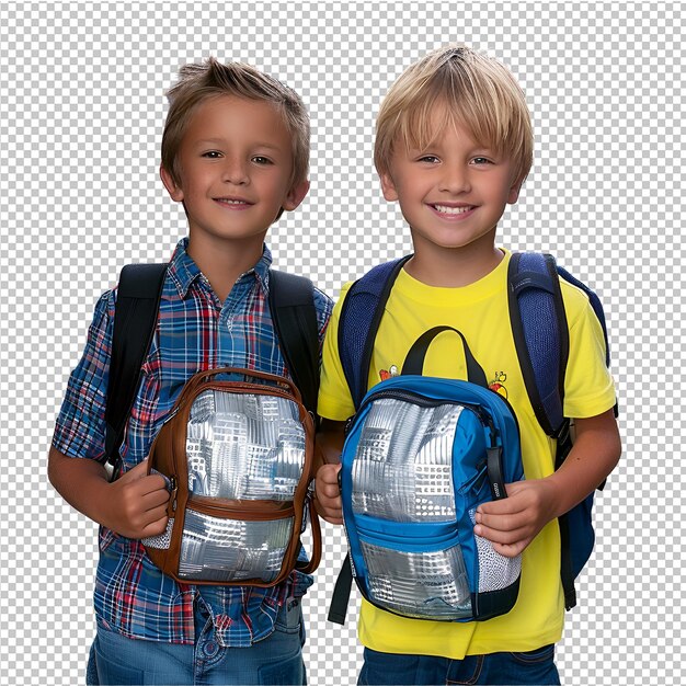 PSD dos niños con mochilas que dicen la palabra cita en ellos