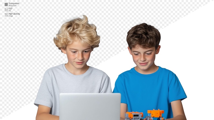 PSD dos niños que aprenden juntos con una computadora portátil en un fondo transparente
