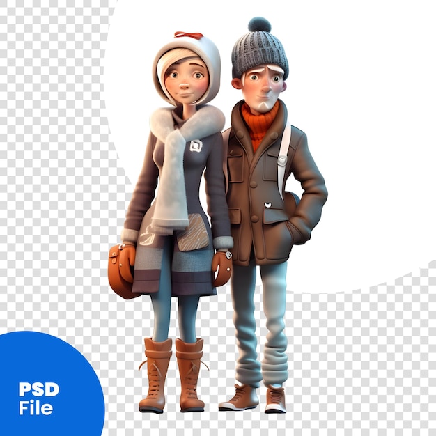 PSD dos niños con ropa de invierno sobre un fondo blanco plantilla de psd de ilustración vectorial