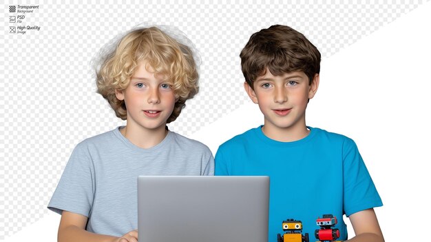Dos niños usando una computadora portátil con fondo transparente para proyectos creativos
