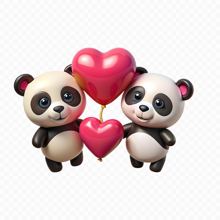 PSD dos osos panda con un globo en forma de corazón