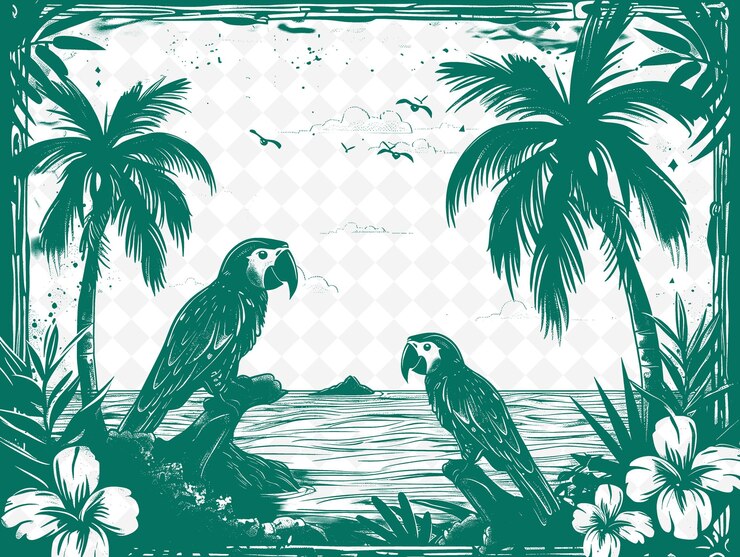 PSD dos pájaros están sentados en un árbol con palmeras en el fondo