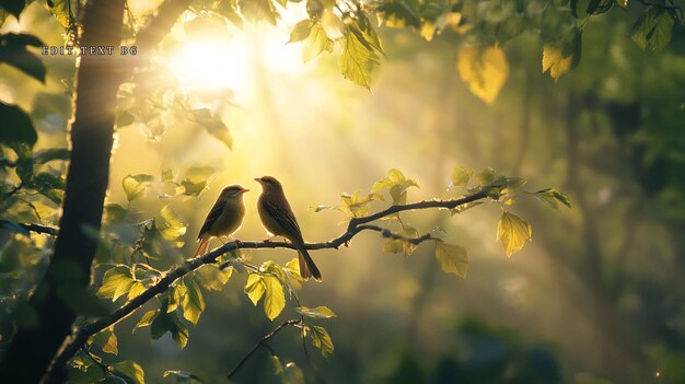Dos pájaros posados en una rama bañados en la luz del sol dorada filtrando a través de las hojas