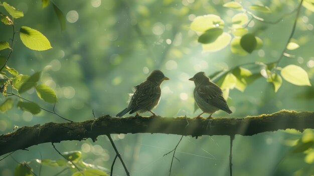 Dos pájaros posados en una rama de musgo bañados en la luz del sol filtrando a través de las hojas