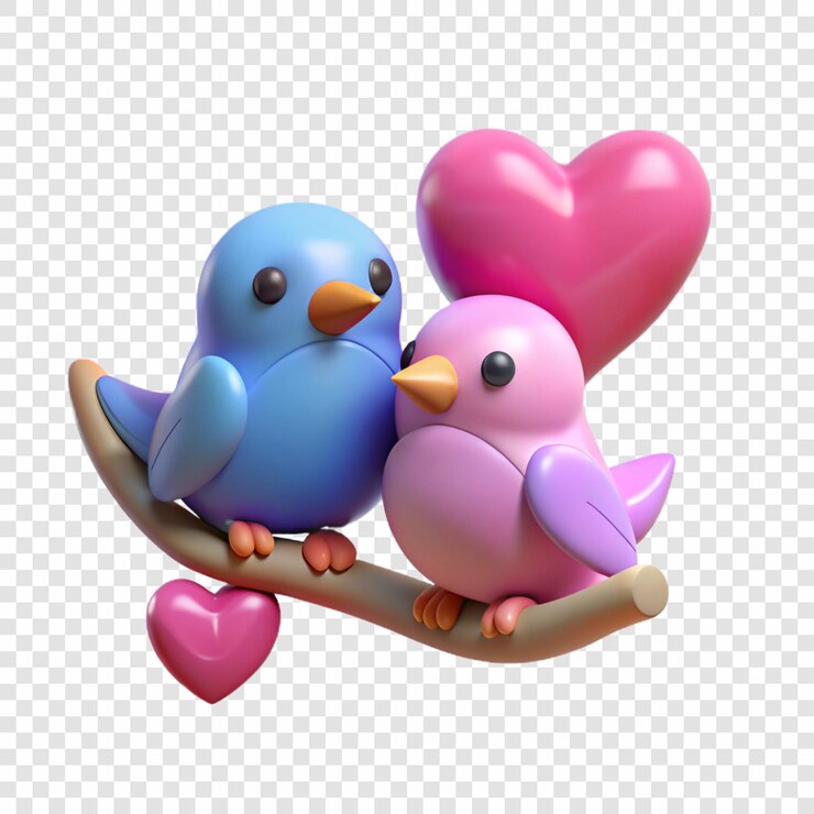 PSD dos pájaros en una rama con un objeto en forma de corazón en el fondo