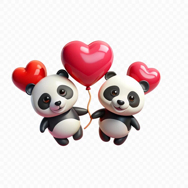 PSD dos pandas con corazones en el cuello uno con el otro sosteniendo uno pequeño