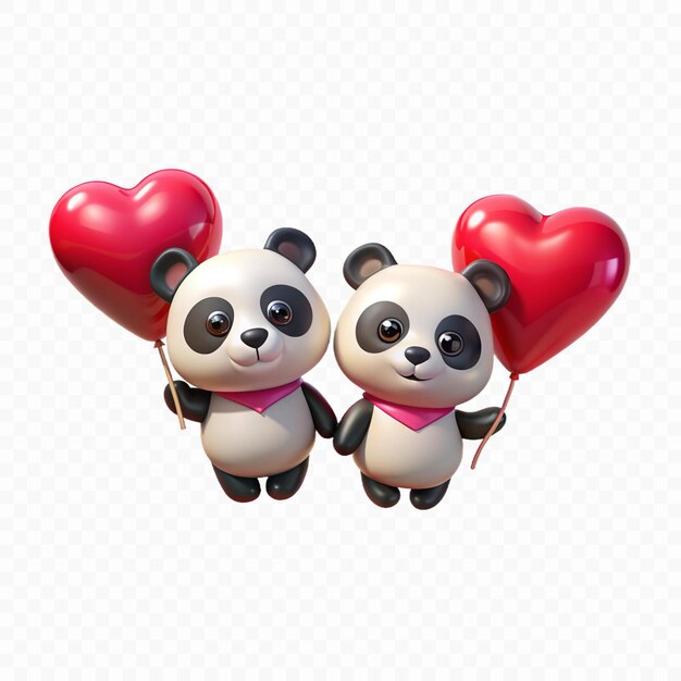 dos pandas con corazones en un fondo blanco