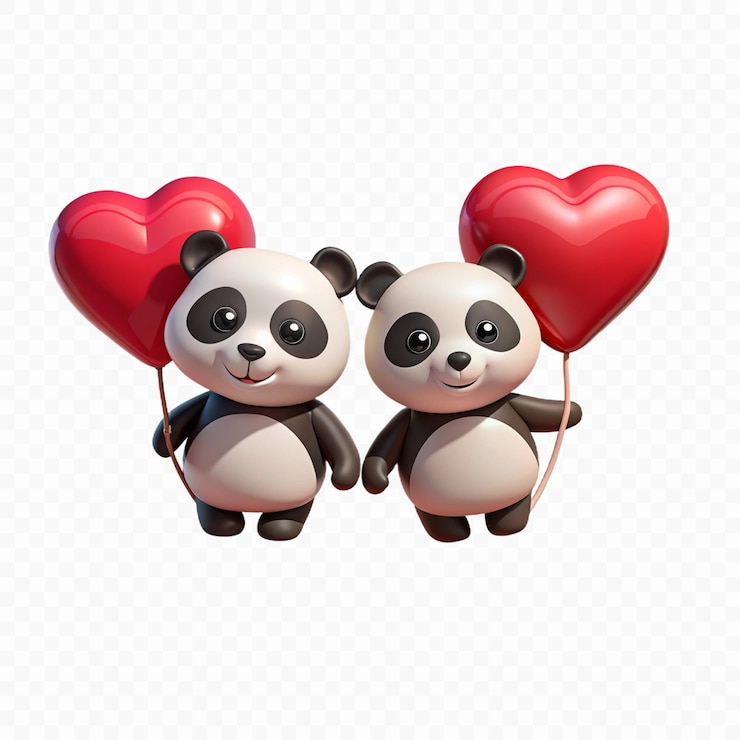 PSD dos pandas con corazones rojos sobre un fondo blanco