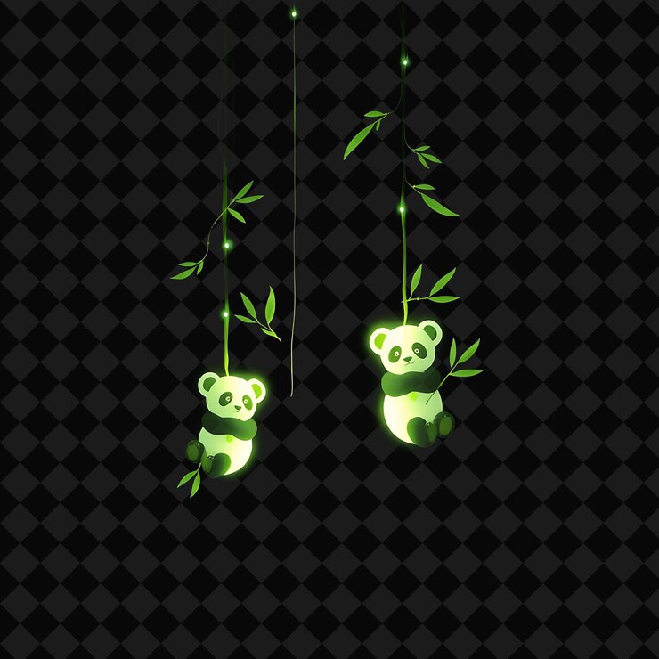 PSD dos pandas verdes colgando de una cuerda con hojas verdes