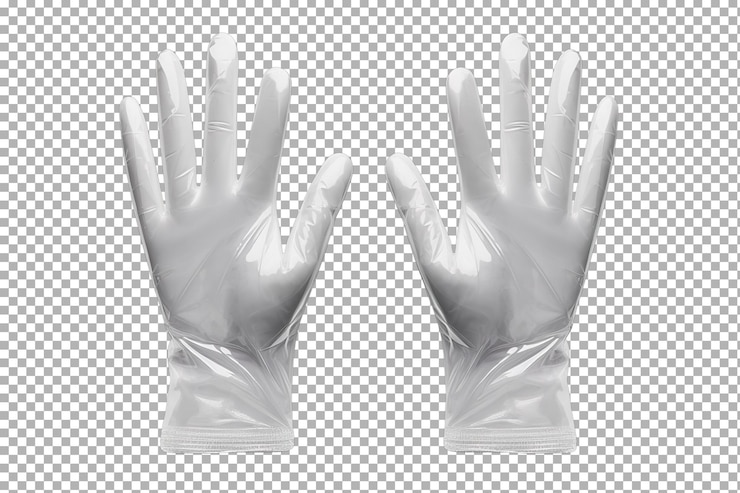 PSD dos pares de guantes de plástico limpios desechables que descansan en una superficie plana con luz natural que los ilumina