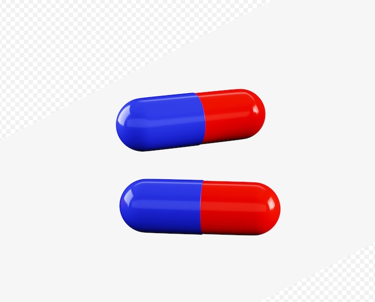 PSD dos pastillas con una roja y otra azul sobre un fondo blanco.