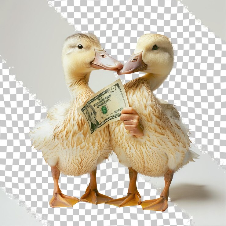 PSD dos patos están sosteniendo un billete de un dólar que dice pato