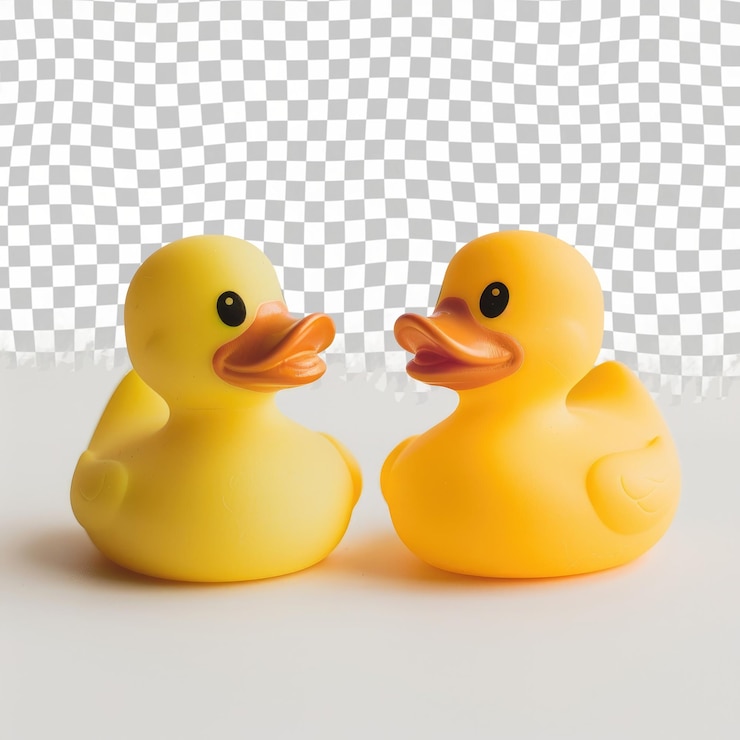PSD dos patos de goma amarillos se sientan uno al lado del otro en un fondo blanco