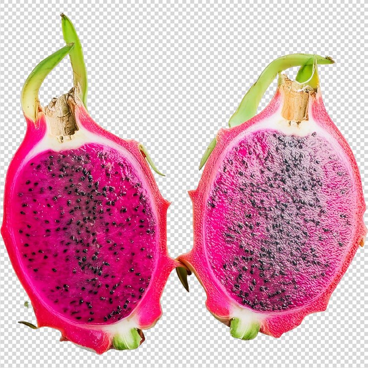 Dos pedazos de fruta de dragón en rebanadas sobre un fondo transparente
