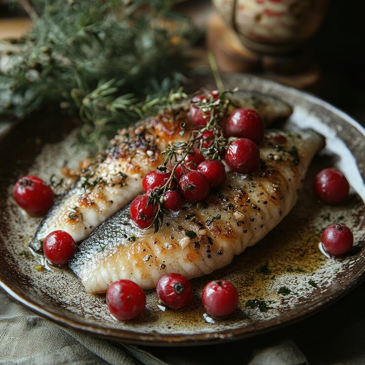 PSD dos pedazos de pescado picado con arándanos y hierbas frescas en un plato marrón rústico