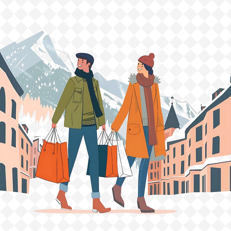 PSD dos personas caminando en la nieve con bolsas y bolsas