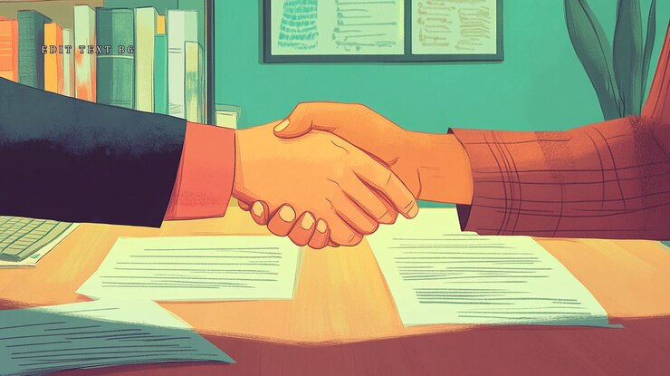 PSD dos personas estrechando las manos sobre documentos firmados en un escritorio