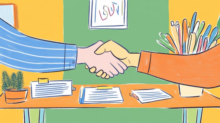 PSD dos personas estrechando las manos sobre documentos firmados en un escritorio