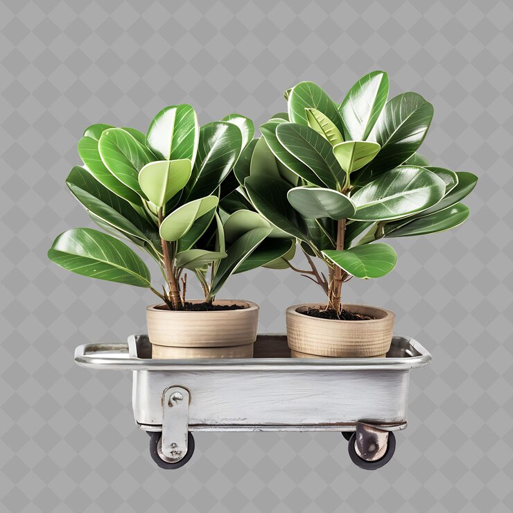PSD dos plantas en maceta en un estante de metal con un soporte de metal plateado con un letrero que dice en maceta
