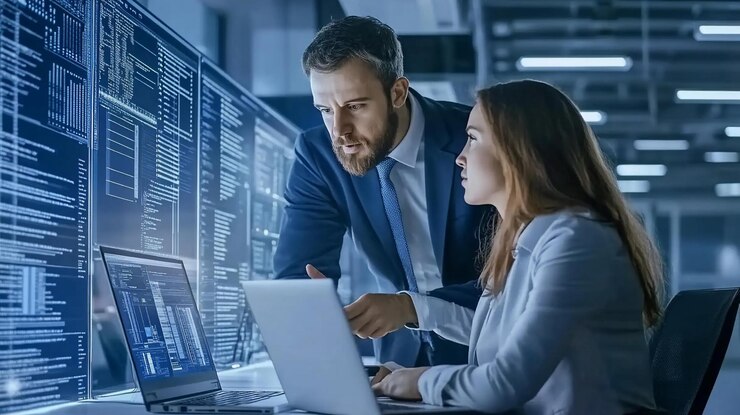 PSD dos profesionales de negocios colaboran en un proyecto usando portátiles y grandes monitores que muestran código