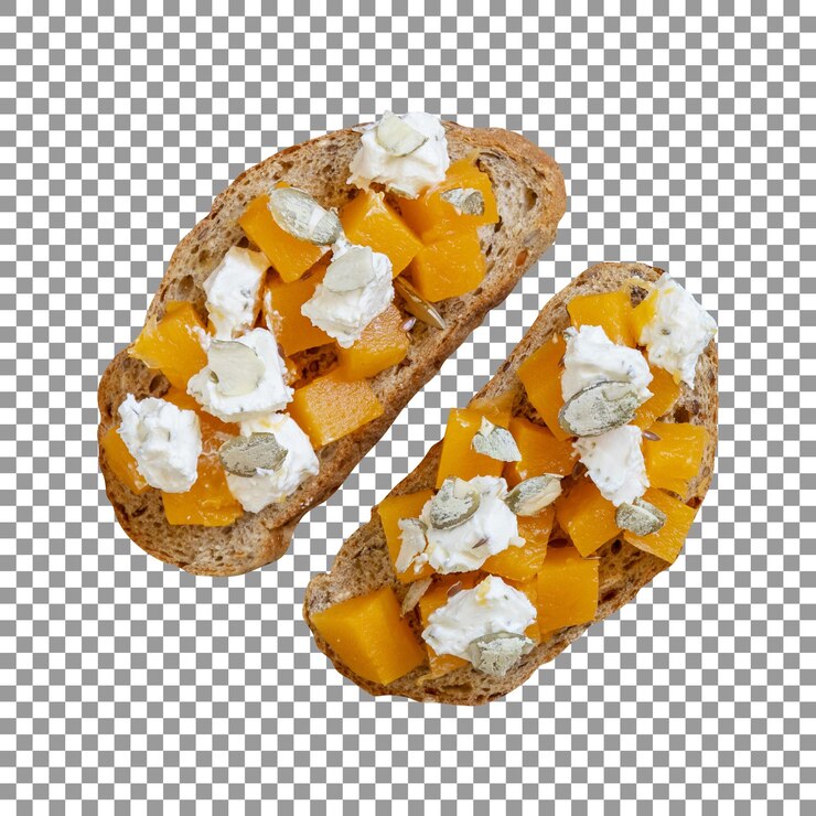 PSD dos rebanadas de pan con mango y queso de cabra sobre fondo transparente