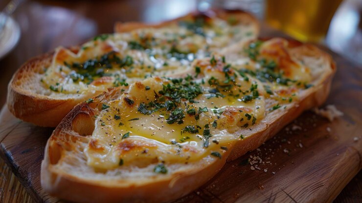 PSD dos rebanadas de pan tostado con queso derretido y hierbas frescas en una tabla de madera
