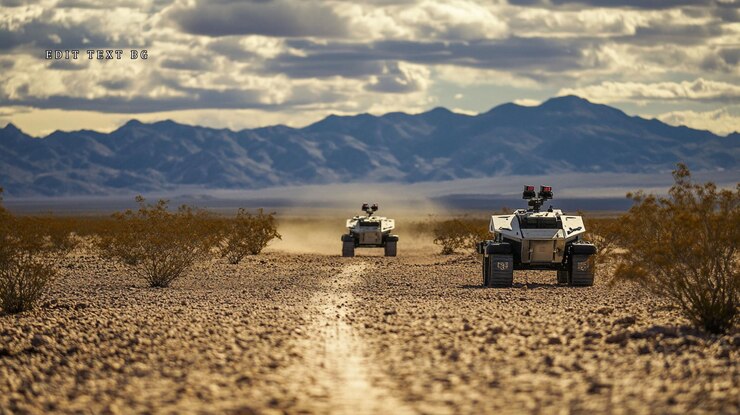 PSD dos robots autónomos atravesando un paisaje desértico pateando el polvo en un camino de tierra