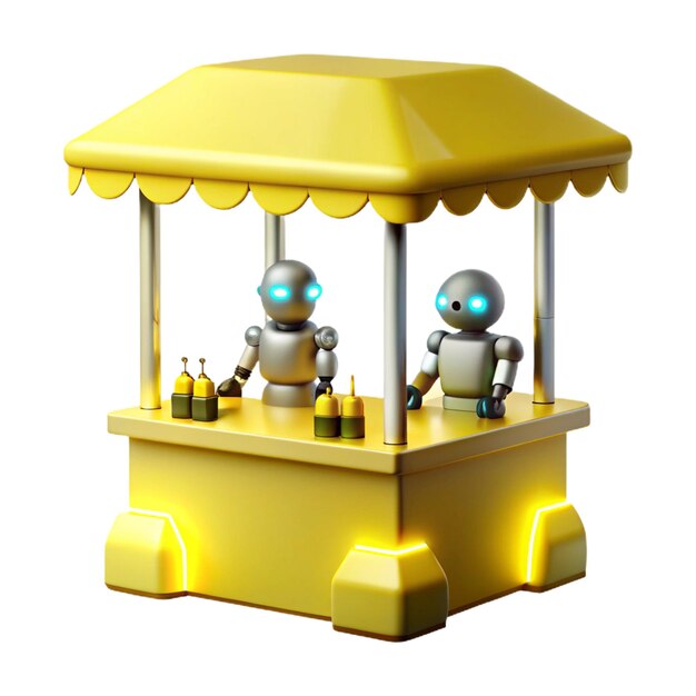 dos robots en un escenario con una tienda amarilla con la palabra robot en él