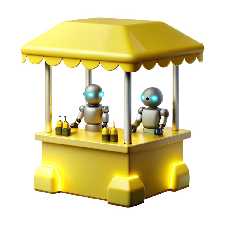 PSD dos robots en un escenario con una tienda amarilla con la palabra robot en él