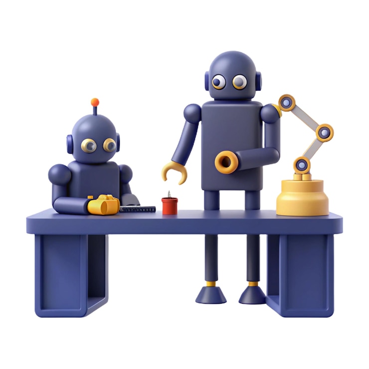 PSD dos robots están sentados en una mesa con uno que dice robot en él