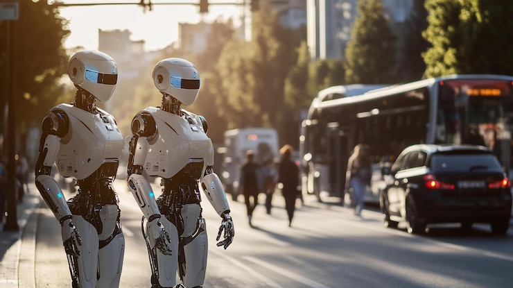 PSD dos robots humanoides de pie en una calle de la ciudad entre los peatones y el tráfico durante la puesta de sol
