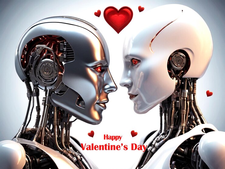 PSD dos robots se muestran con uno que dice amor feliz día de san valentín