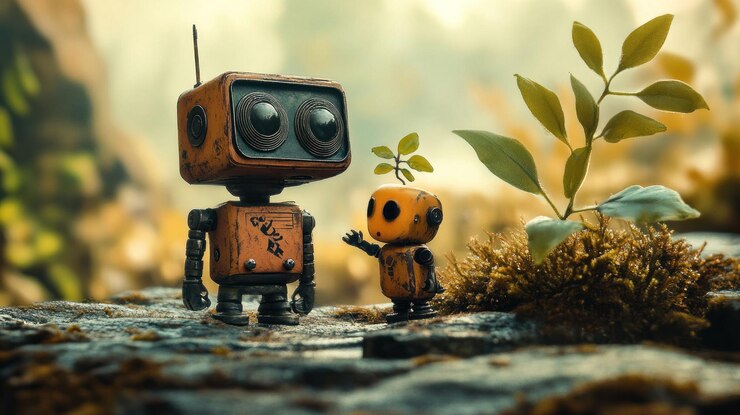PSD dos robots oxidados, uno más grande que el otro, se paran en una roca de musgo cerca de las plantas.