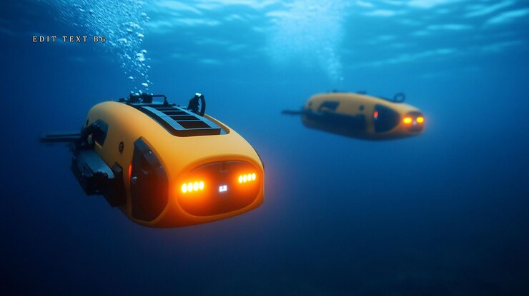 PSD dos robots submarinos amarillos explorando las profundidades del océano