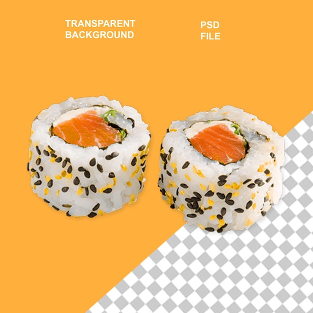dos rollos de sushi están en un fondo blanco y naranja