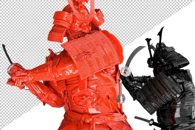 Dos samuráis japoneses peleando. Aislado. Representación 3D