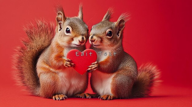 Dos simpáticas ardillas con un corazón rojo en el fondo rojo
