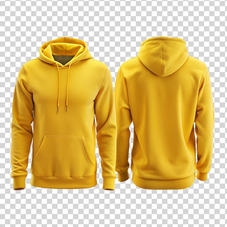 PSD dos sudaderas amarillas con capucha frente y atrás en un fondo transparente