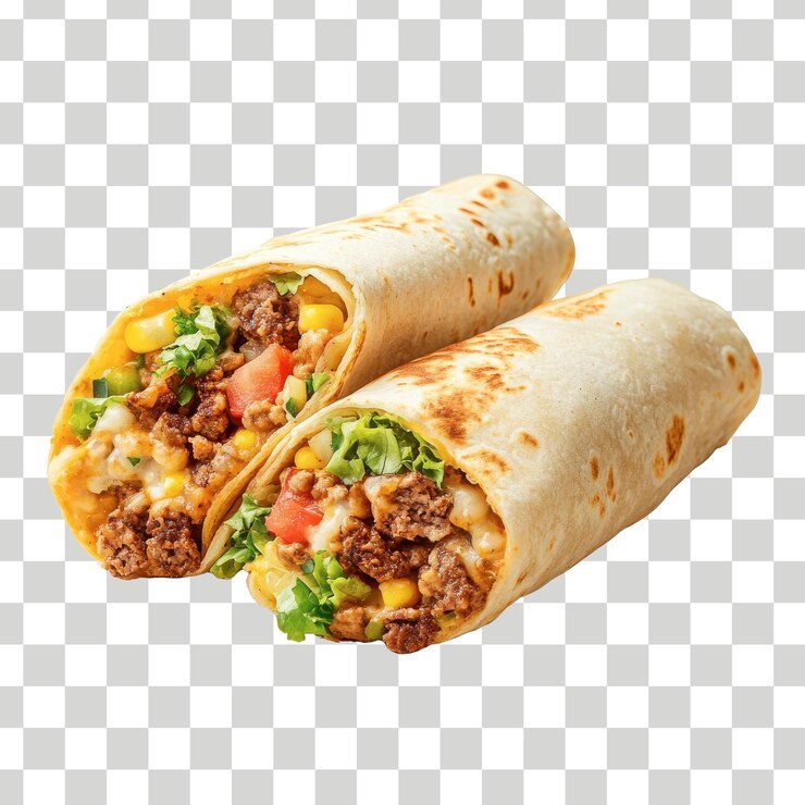 dos tacos están envueltos en tortillas y las palabras carne y verduras están en la parte inferior