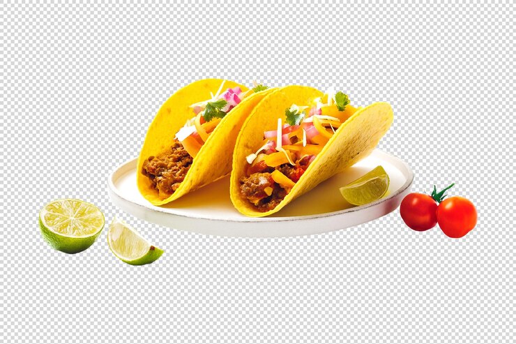 Dos tacos en un plato con una lima en un fondo transparente