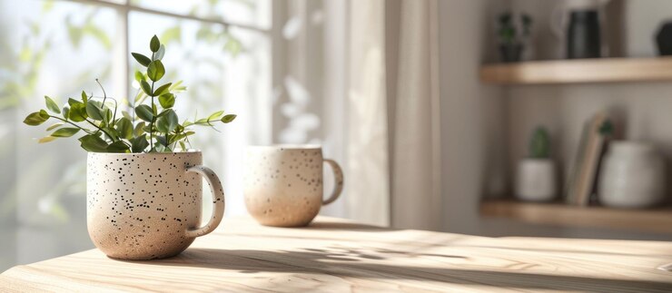 PSD dos tazas de cerámica blancas con una planta verde en una mesa de madera junto a una ventana