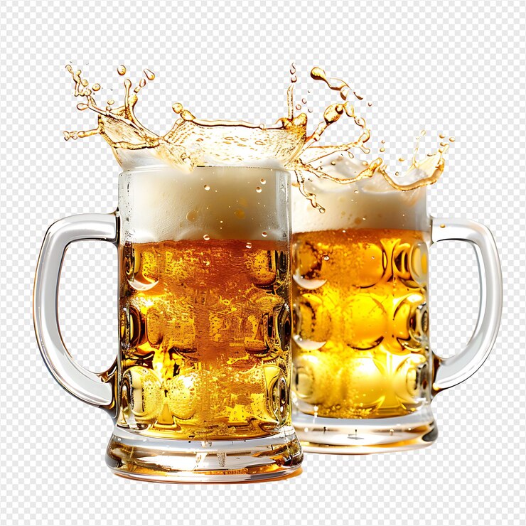 PSD dos tazas de cerveza salpican brindis en un fondo transparente aislado